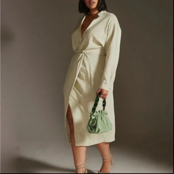 Anthropologie 4 NWT V-Neck Knot Front Midi Dress Sage Green Linen Blend - Picture 2 of 12